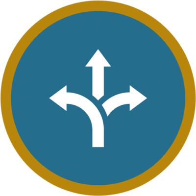 A circular icon with three arrows pointing in different directions, symbolizing choices or multiple pathways.