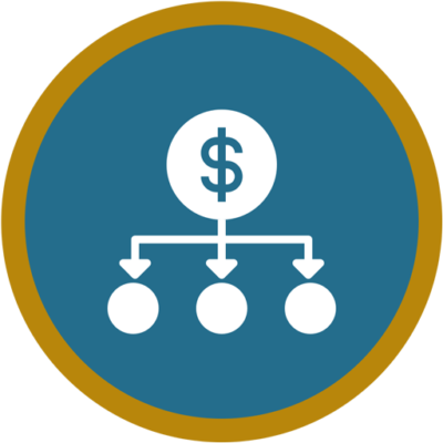 A circular icon showing a dollar sign at the top with arrows pointing down to three circles, representing the distribution of money or resources.