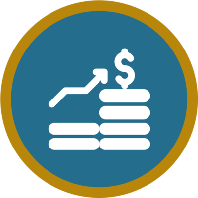 A circular icon with stacks of coins and an upward arrow, symbolizing financial growth or increased profits.