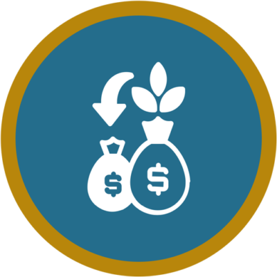 A graphic showing two money bags, one smaller with an arrow pointing downwards and the other larger with a plant growing from it, symbolizing financial growth or investment.