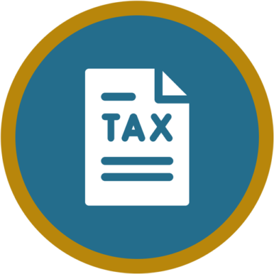 A circular icon displaying a document with the word "TAX" written on it, symbolizing taxes or financial paperwork.