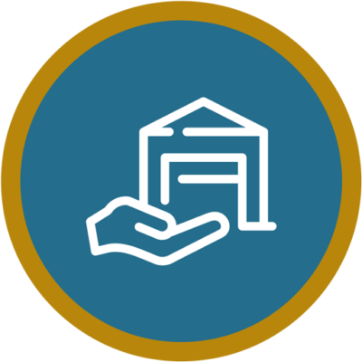 A circular icon featuring a hand holding a storage building, symbolizing property or real estate investment.