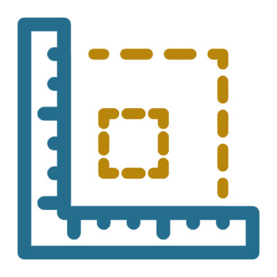 An icon of a ruler and measuring tool, with a dashed square inside it, symbolizing measurement or design. The square is formed by two different colors, with the inner square highlighted in yellow.