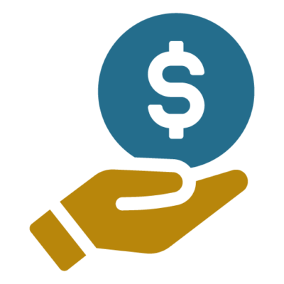 A stylized illustration of a hand holding a blue circle with a dollar symbol ($) inside it, with the hand depicted in a yellow color.