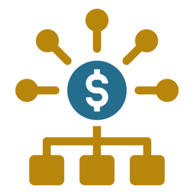 A graphic depicting a central dollar symbol with multiple lines radiating outward to smaller boxes, symbolizing distribution or allocation of funds.