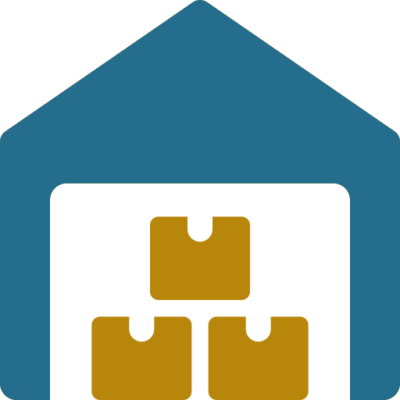 A blue icon of a warehouse with three stacked yellow boxes inside, symbolizing storage or self-storage.