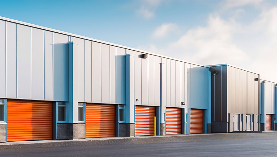 Close-up view of blue self-storage roll-up doors, lined up in a row, with a clear sky in the background and a light fixture above each door. The doors are uniform in size and well-maintained."