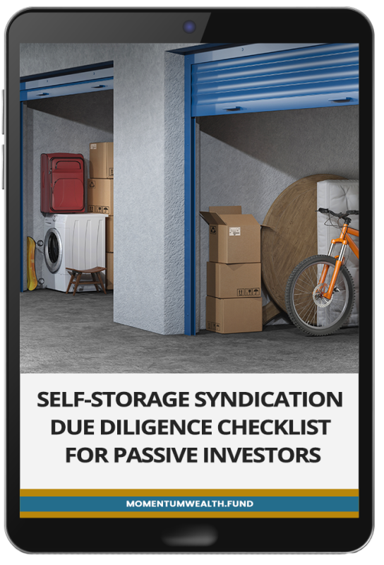 "An image of a smartphone displaying a checklist titled 'Self-Storage Syndication Due Diligence Checklist for Passive Investors' with a storage unit background, showing boxes, a washing machine, and a bicycle.