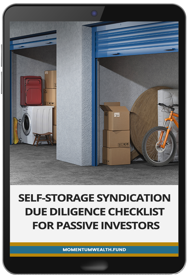 "An image of a smartphone displaying a checklist titled 'Self-Storage Syndication Due Diligence Checklist for Passive Investors' with a storage unit background, showing boxes, a washing machine, and a bicycle.