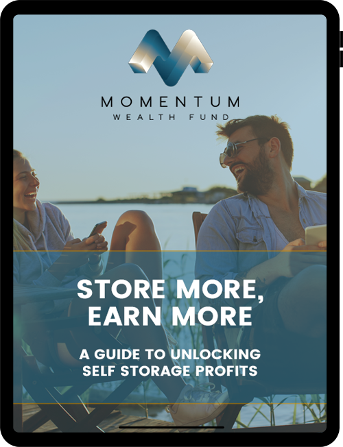 A tablet displaying an image of the "STORE MORE, EARN MORE" guide with the subtitle "A Guide to Unlocking Self Storage Profits." The cover features an image of two people sitting outdoors, enjoying a scenic view by the water. The "Momentum Wealth Fund" logo is at the top.