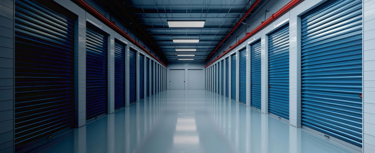 "Wide view of a row of self-storage units with blue roll-up doors, arranged neatly along a paved road with yellow bollards. The image highlights the organized, secure nature of the facility."