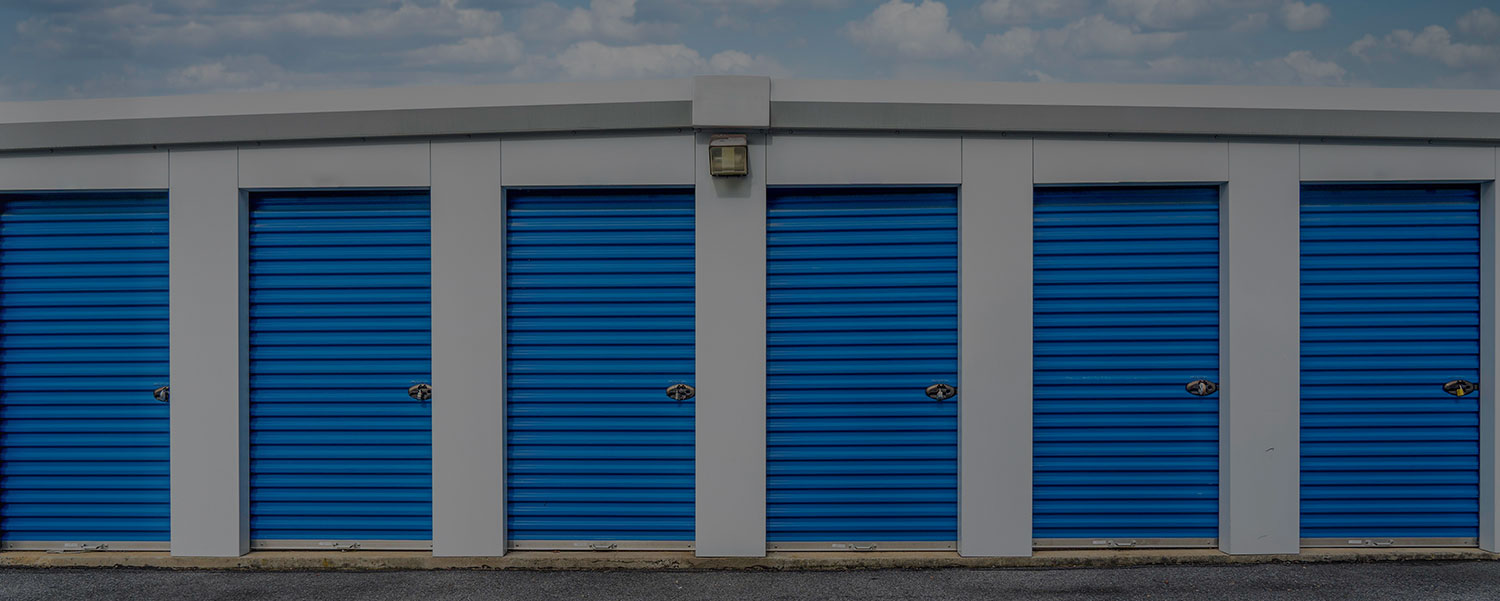 "Close-up view of blue self-storage roll-up doors, lined up in a row, with a clear sky in the background and a light fixture above each door. The doors are uniform in size and well-maintained."
