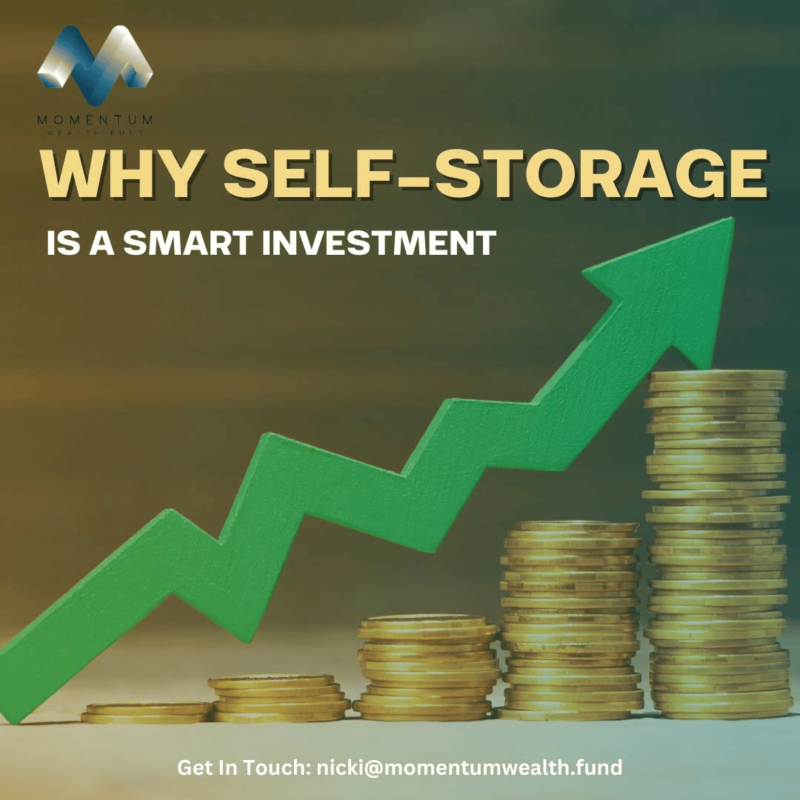A promotional graphic for self-storage investment featuring a green upward-pointing arrow next to stacked gold coins, symbolizing financial growth. The headline reads 'Why Self-Storage Is a Smart Investment,' and the contact email provided is nicki@momentumwealth.fund.