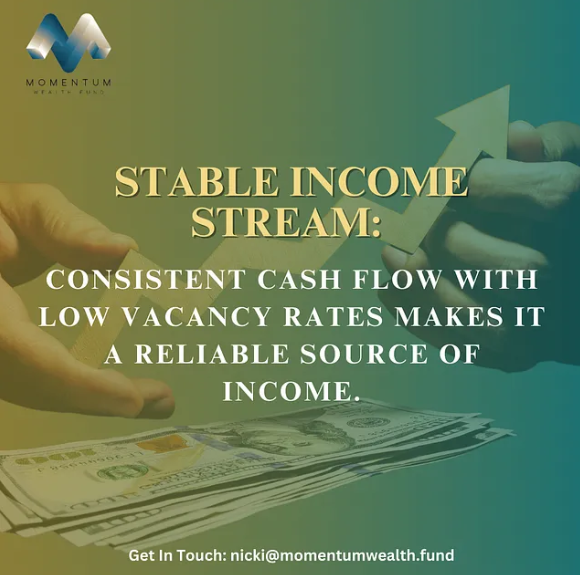 Graphic with hands exchanging money and an upward arrow, highlighting stable income stream benefits through consistent cash flow and low vacancy rates.