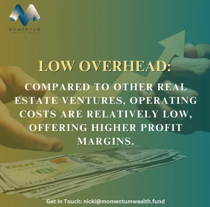 Graphic featuring hands exchanging money and an upward arrow, emphasizing self-storage as a low-overhead real estate investment with relatively low operating costs and high profit margins.