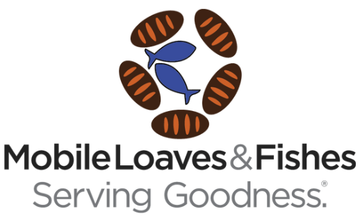 "Logo of Mobile Loaves & Fishes with the tagline 'Serving Goodness.' The logo features a circular arrangement of bread loaves and two fish, symbolizing the organization’s mission.